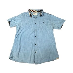 Free Planet Blue Button Up Shirt with Stars Mens L Short Sleeve